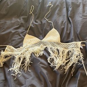 WHITE CROCHET HALTER FRINGE TIE TOP BRA